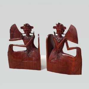 Vintage Balinese Hand Carved Wooden Bookends Legong Dancers with Fans